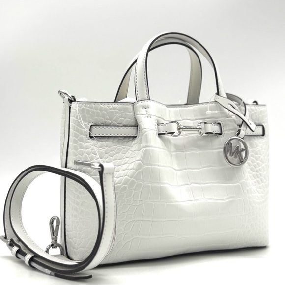 Michael Kors Carson Small Crocodile Embossed Satchel Bag Optic White Leather - Picture 1 of 10